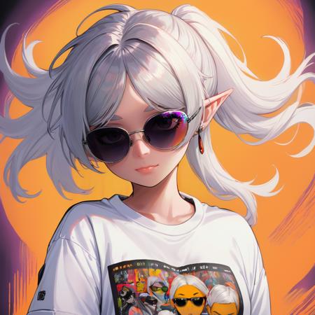 32856-4265573604-Digital art, masterpiece A detailed and cinematic wallpaper, a girl Frieren wearing a cool sunglasses and fashion hiphop t-shirt.png